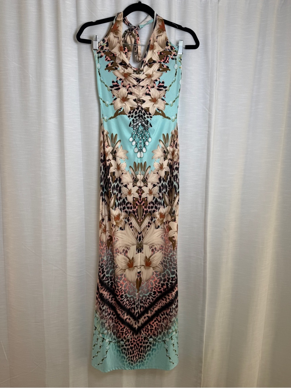 VENUS Tropical Floral Leopard Print Halter Maxi Dress Resort Vacation | Size XS - Picture 4 of 13